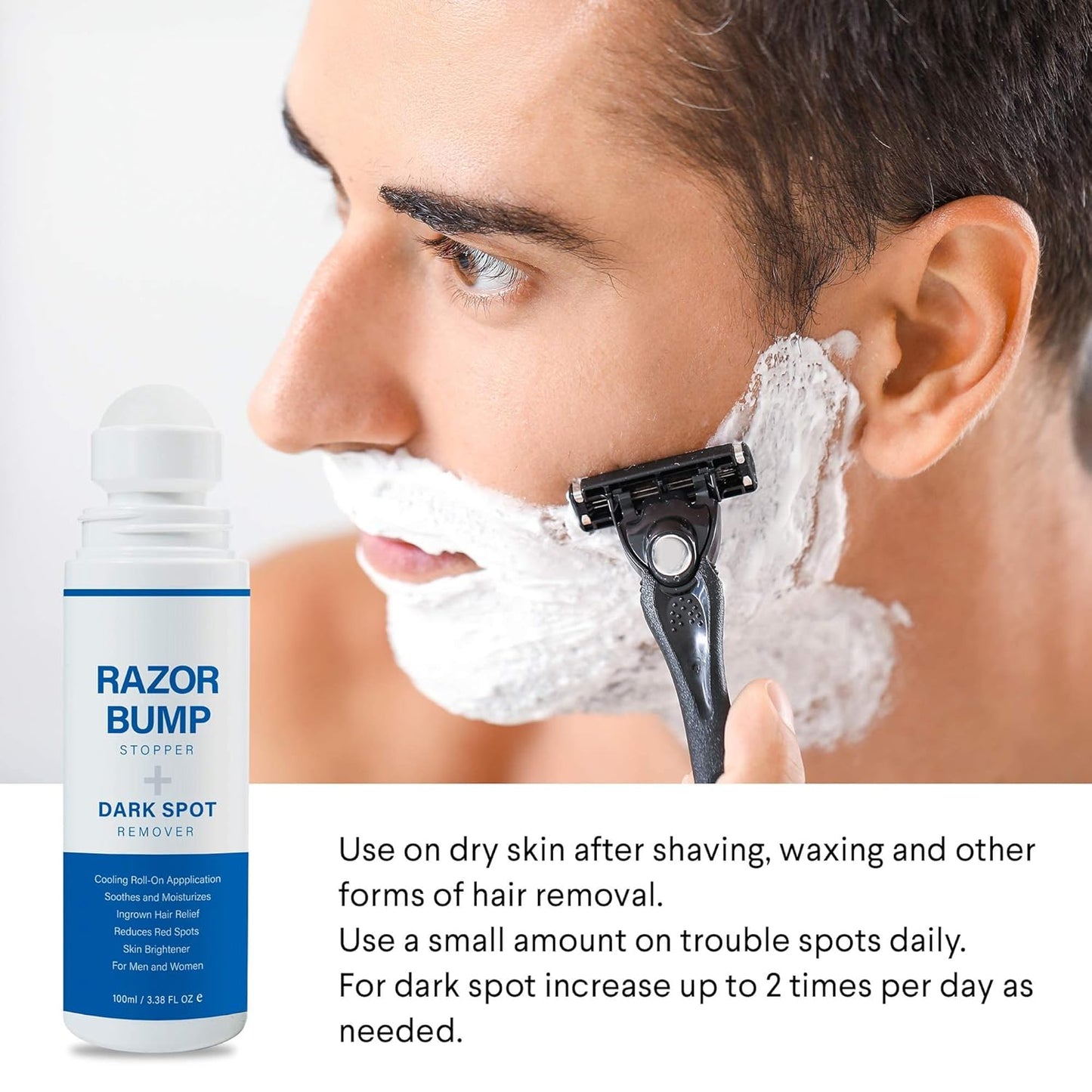 Razor Bump Stopper with Ingrown Hair Treatment: Razor Bumps Treatment for Men and Women, after Shave Solution for Ingrown Hairs and Razor Burns, Roll on Applicator- 3.38 Fl Oz