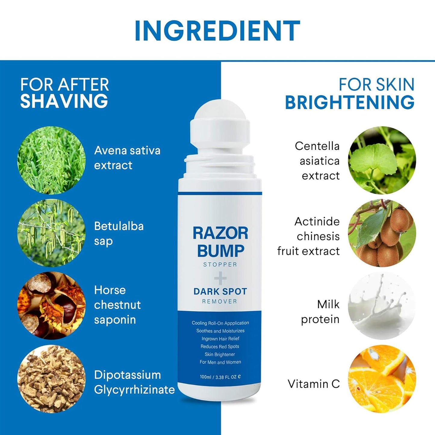Razor Bump Stopper with Ingrown Hair Treatment: Razor Bumps Treatment for Men and Women, after Shave Solution for Ingrown Hairs and Razor Burns, Roll on Applicator- 3.38 Fl Oz